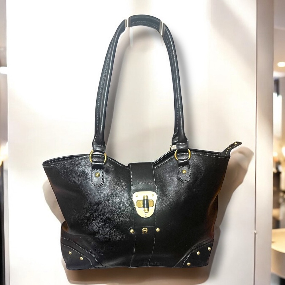 Vintage Etienne Aigner Black Leather Tote Purse with Gold Metal Hardware